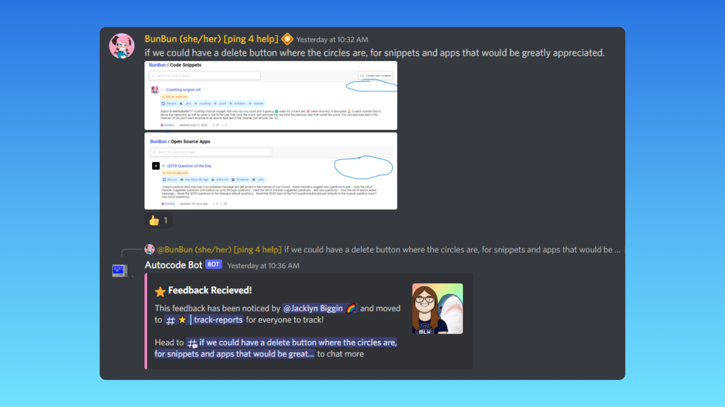 reply message in Autocode's Discord feedback channel