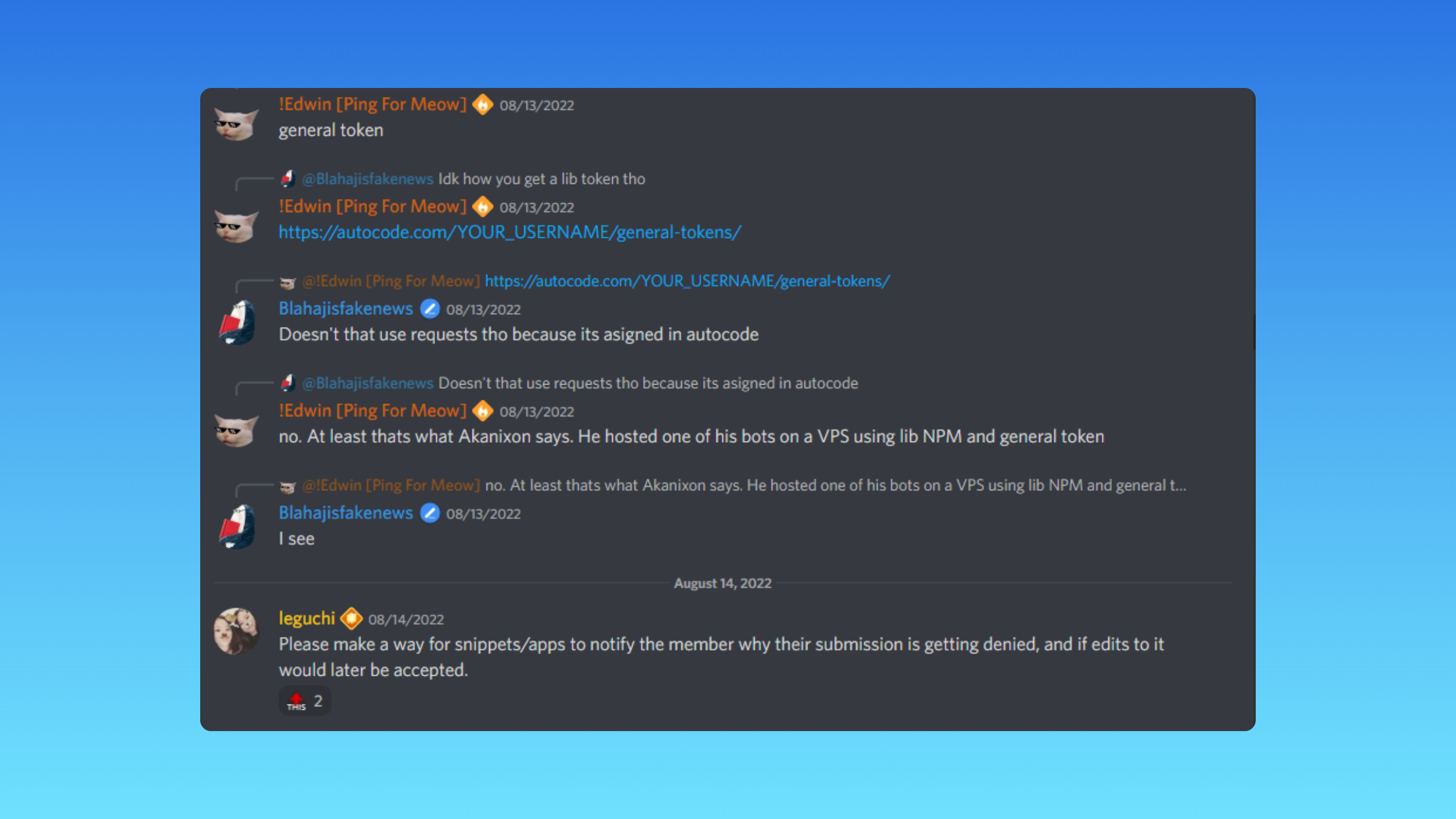 Autocode's Discord feedback channel with lots of messages.