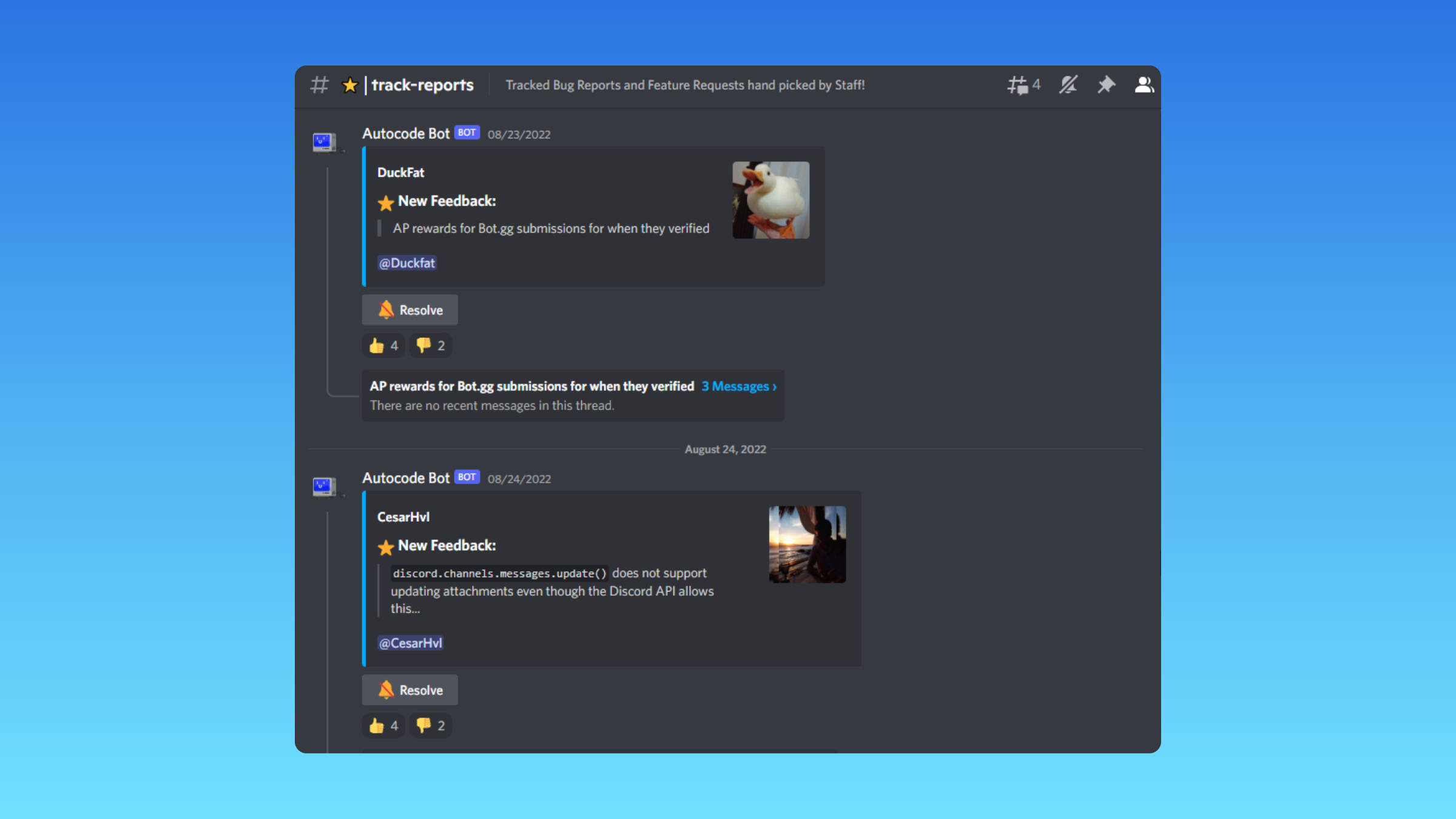 Tracked reports channel showing two user reports as Discord message threads.